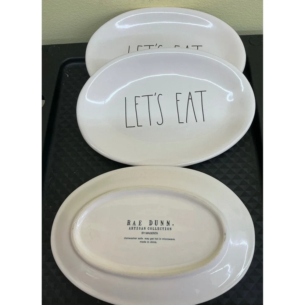 Rae Dunn Lets Eat Oval Appetizer Plates Set of 4 Cream Ceramic Farmhouse Magenta